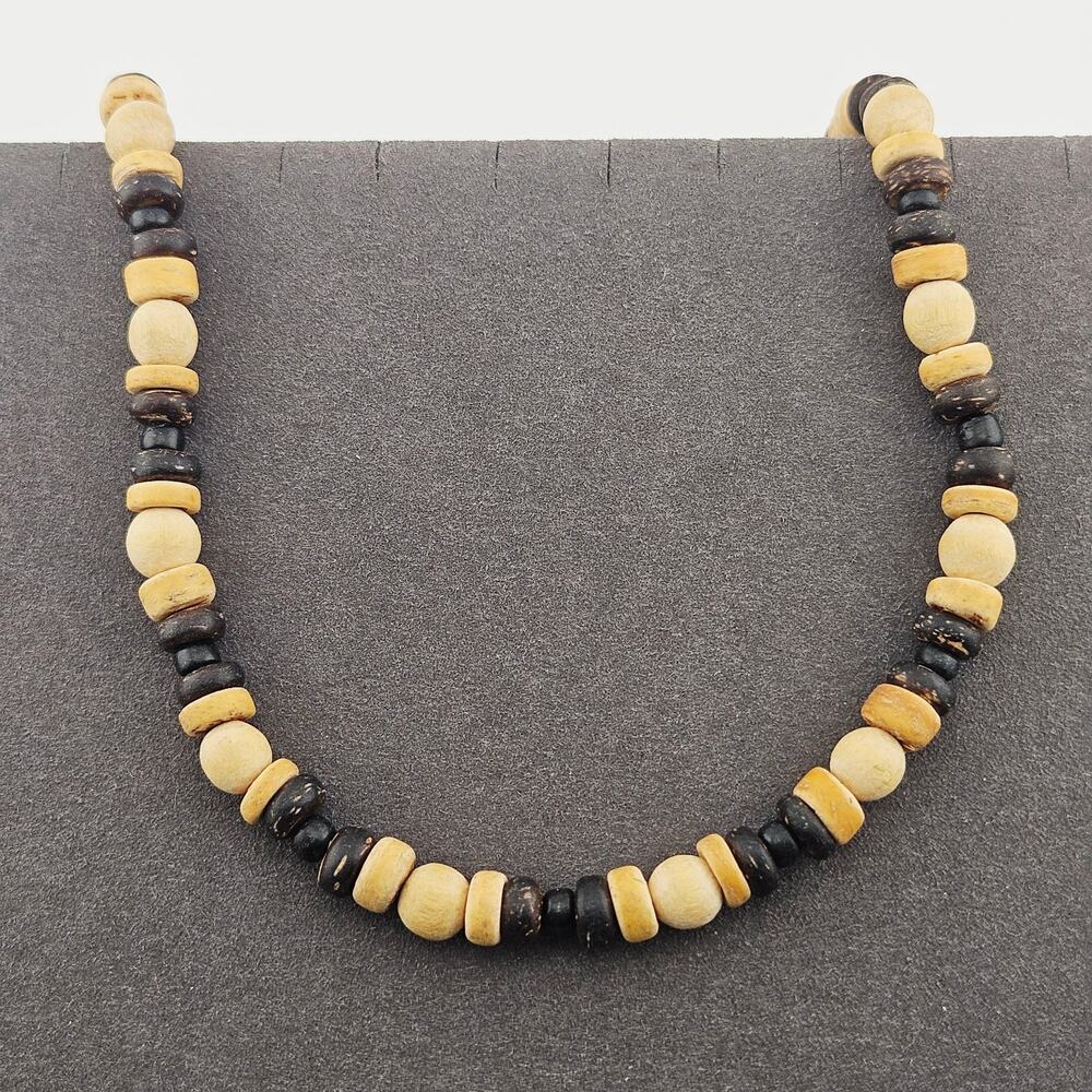 Wood Beaded Necklace Multitone Brown Beige Natural Beachy 90's Surfer Bohemian